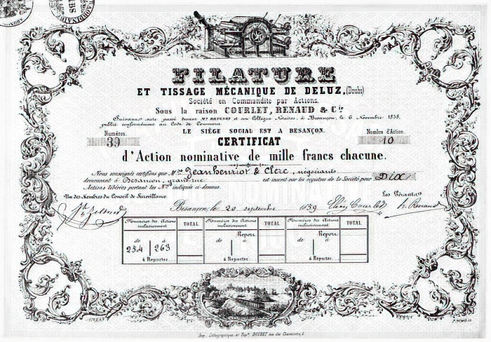 [Action nominative filature de Deluz en 1859]